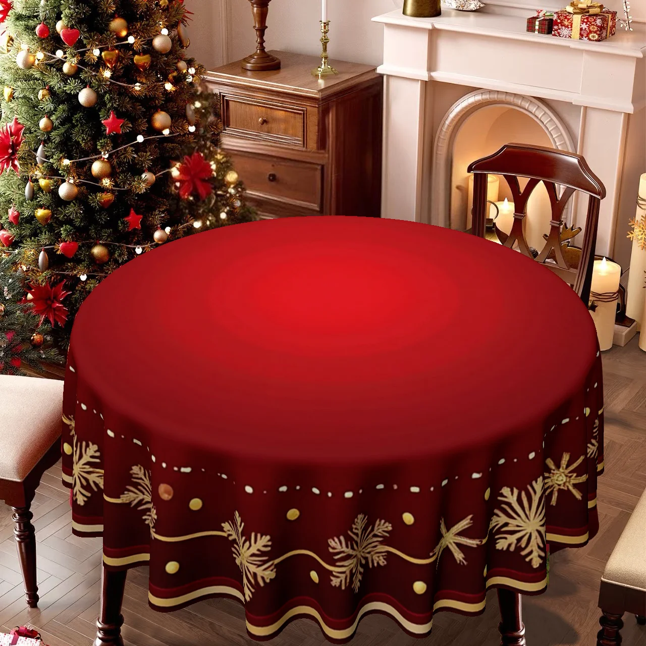 1 tablecloth, Christmas, festive red round tablecloth with gold snowflake and polka dot pattern