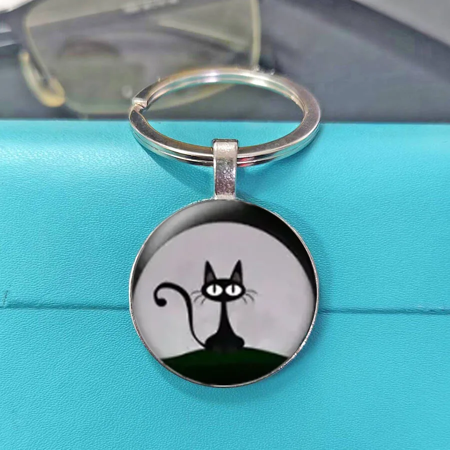 Mixed Style Cartoon Black White Cat Cute Illustrated Kitten Christmas Hat Glass Cabochon Keychain