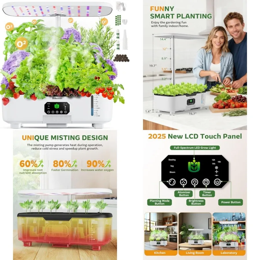 Misting Hydroponic Growing System Kit 15-Pods Indoor Smart Herb Garden Planter with LCD Touch Panel 6L Large Tank for Herb/Vege