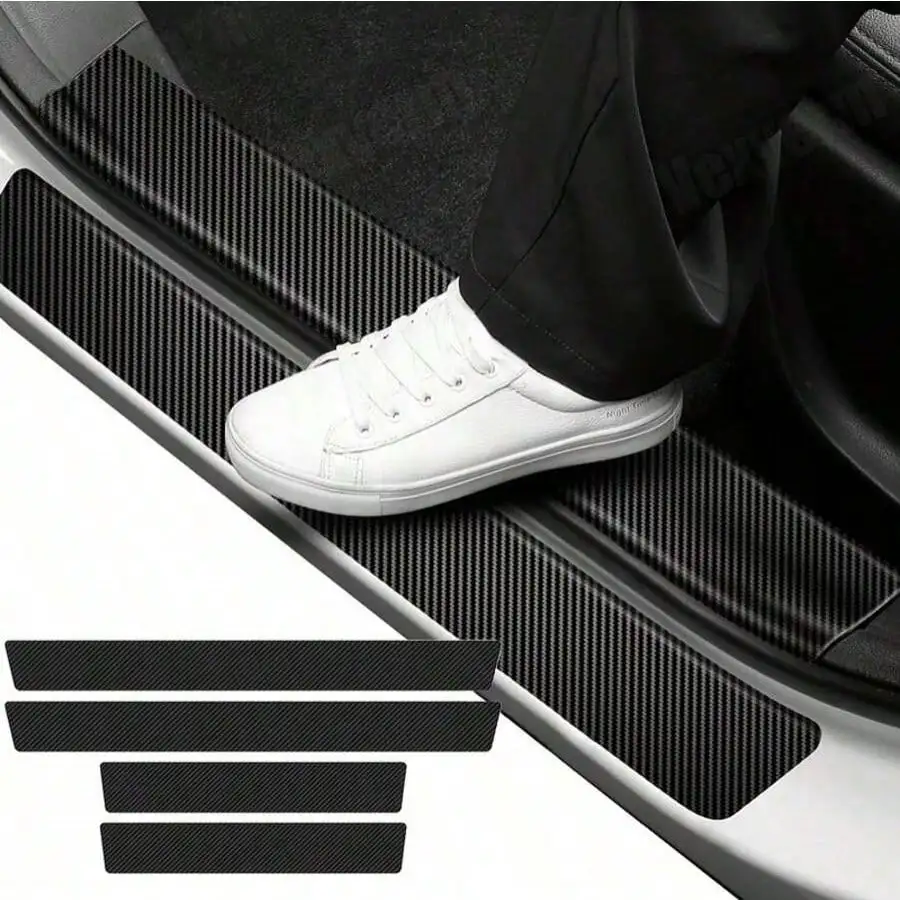 

4pcs Thick Car Door Sill Protector Stickers, Carbon Fiber Leather Door Sill Guards Anti-Scratch Trim