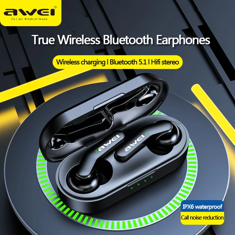 Awei T10C TWS Wireless Bluetooth Gaming Earphones With Mic Noise Cancelling Waterproof Sport Earbuds Support Wireless Charging