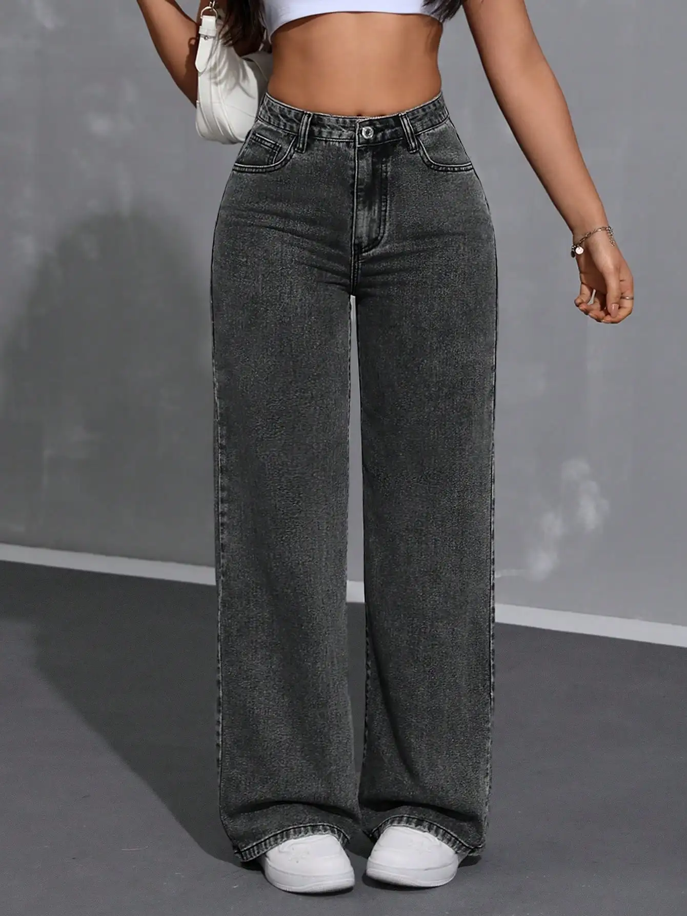 

Джинсы с высокой талией и широкими штанинами для женщин, повседневные джинсовые брюки с минималистичным дизайном