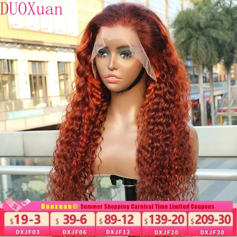 

DUOXuan Ombre Highlight Wig Human Hair Orange Ginger Water Wave Wigs 13x6 HD Lace Frontal Brazilian with Baby Hair Long 34 Inch