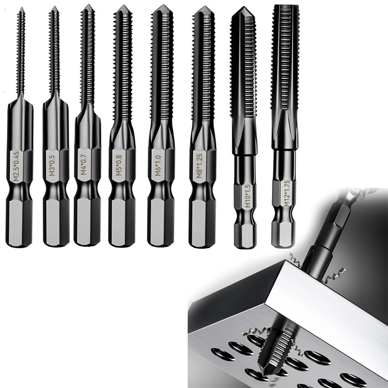 1PC Hex Shank Thread Metric Tap HSS 6542 M2.5-12mm Tap Drill Bit Threaded Bit Straight Flutes Hardware For Wood Plastic Aluminum