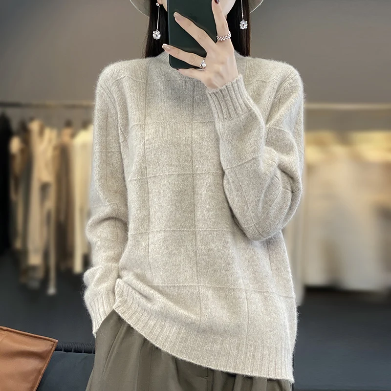 Autumn and Winter Semi-Turtleneck Women\'s Clothing 100% Mink Cashmere Sweater Women Knitted Pullover Checkered Long-Sleeved Tops