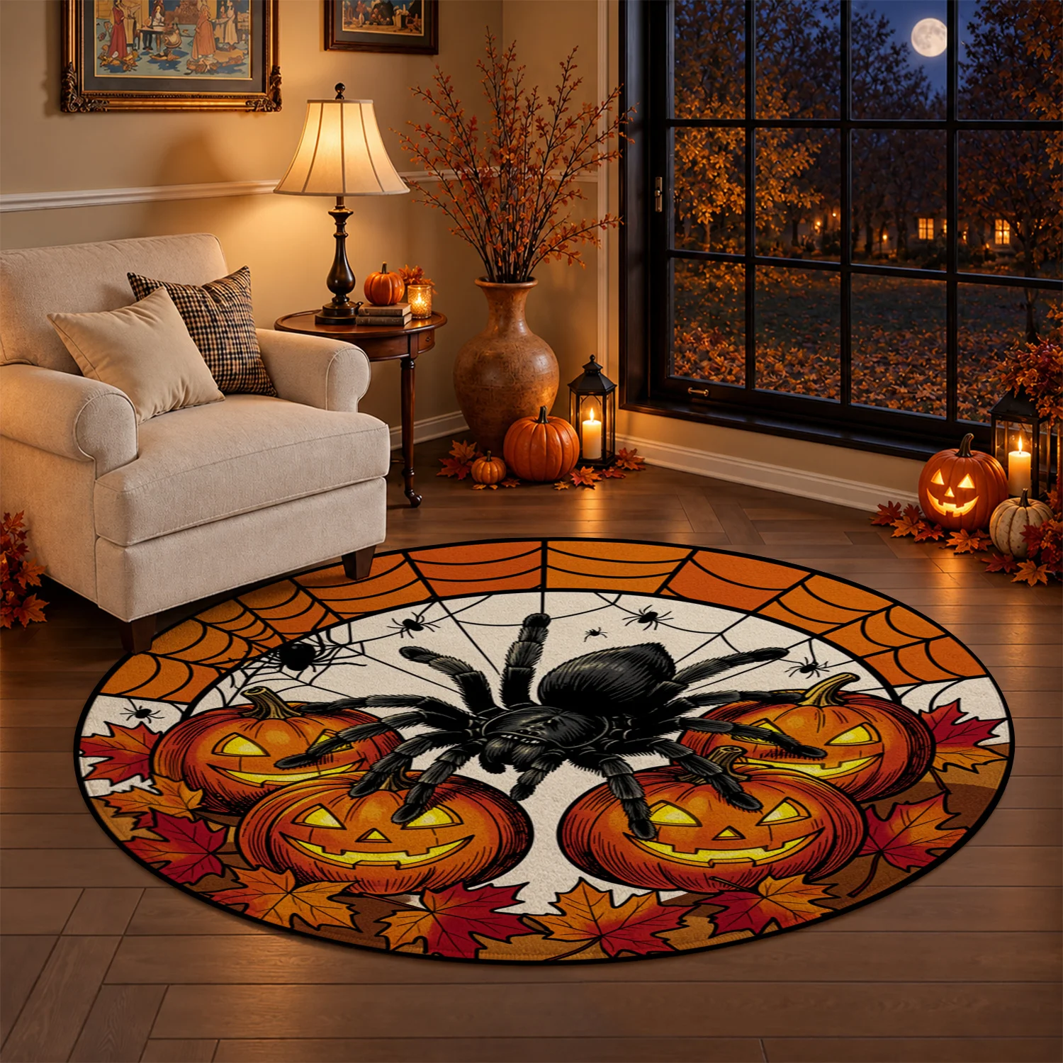 Circular Spider Jack-O-Lantern Pattern Doormat, Velvet, Machine Washable, Great for Entryway, Living Room, Patio Spaces, Perfect for Halloween, Thanksgiving, Christmas, New Year Decor