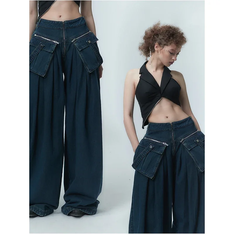 Women Blue Jeans Solid Vintage Straight Baggy Pant Chic Design Streetwear Fashion Y2K Style Denim Summer E-girl Wide Leg Trouser