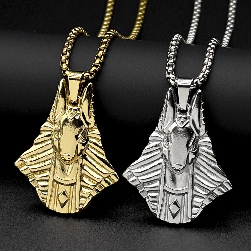 Vintage Egyptian Anubis Jackal God Pendant Necklace Stainless Steel Ancient Egypt Death Wolf Chain Necklaces Amulet Jewelry Gift