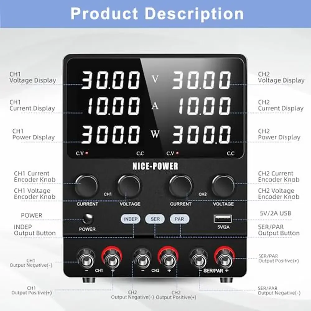 高精度デュアルDC電源,30V, 10A,調整可能なシリーズ,60V, 20A,USB付き,CEおよびFCC認定,マルチプロテクションエンコーダ