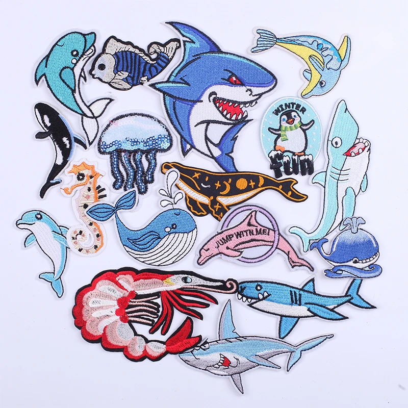 Cartoon Shark Fish Sequins Embroidered Patches Clothing Thermoadhesive Patches Fusible Patch on Clothes Cute Badges Sewing Cheap