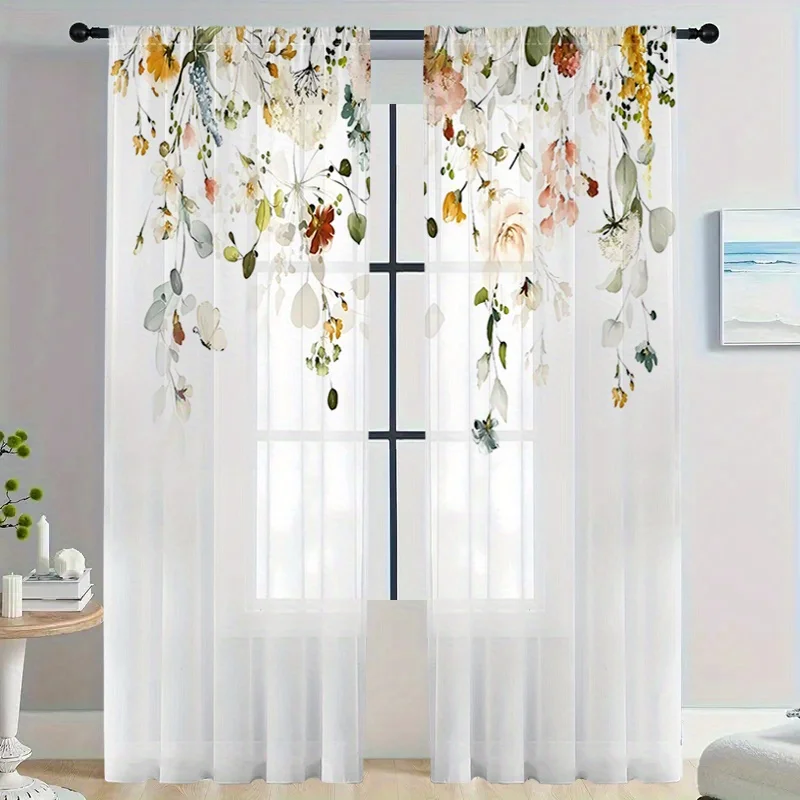 2PCS Floral Sheer Curtains, Wildflower Eucalyptus Hanging, Digital Print, Bedroom Living Room, Rod Pocket Polyester, Home Decor