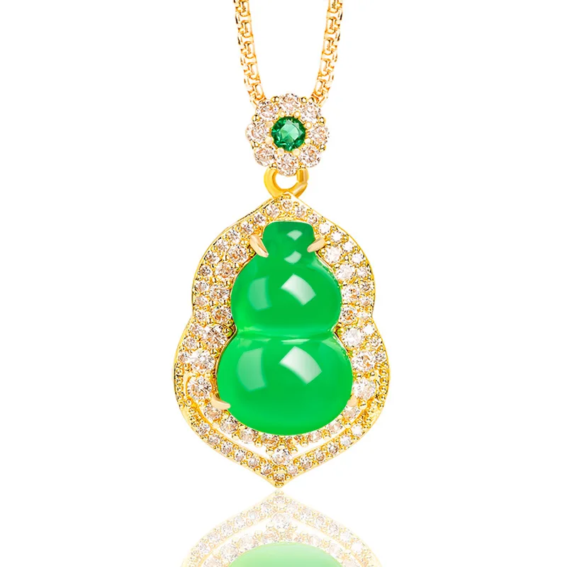 

Authentic natural green agate gourd copper gold-plated ice inlaid jade necklace, fashionable pendant, perfect gift for women