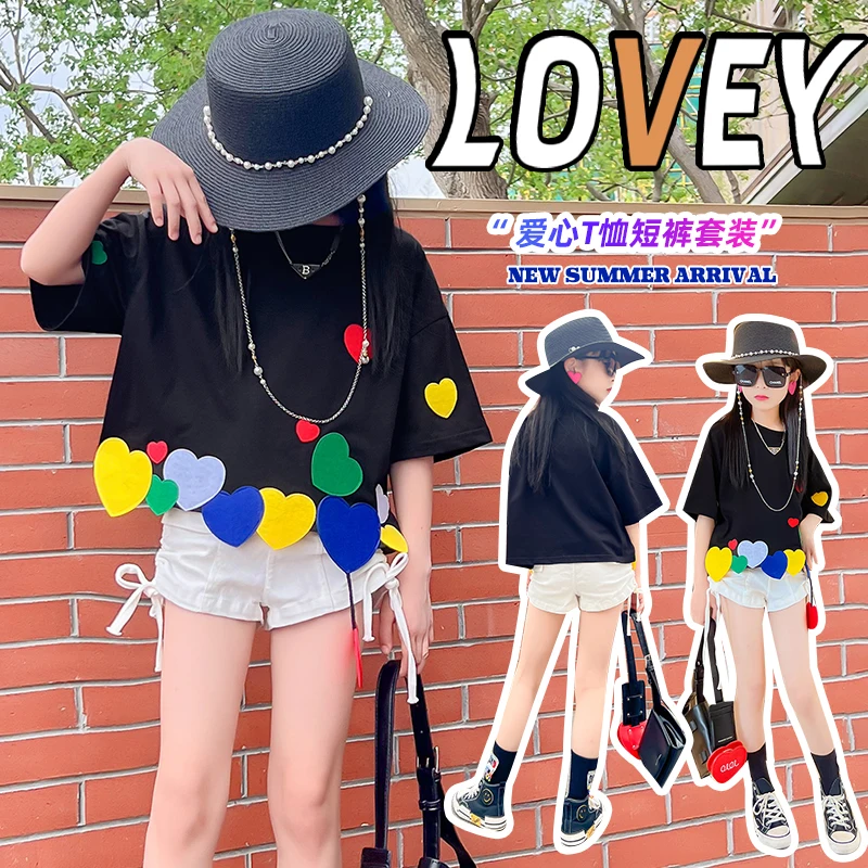 Lovely Girls T shirt Summer Clothing Black Tees Colorful Love Hearts Design Short Sleeve T-shirts Cotton Casual shirt Loose Tops