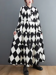 Black White Plaid Shirt Dresses For Women New Long Sleeve Loose Casual Vintage Dress Fashion Elegant Clothing Spring Autumn 2025