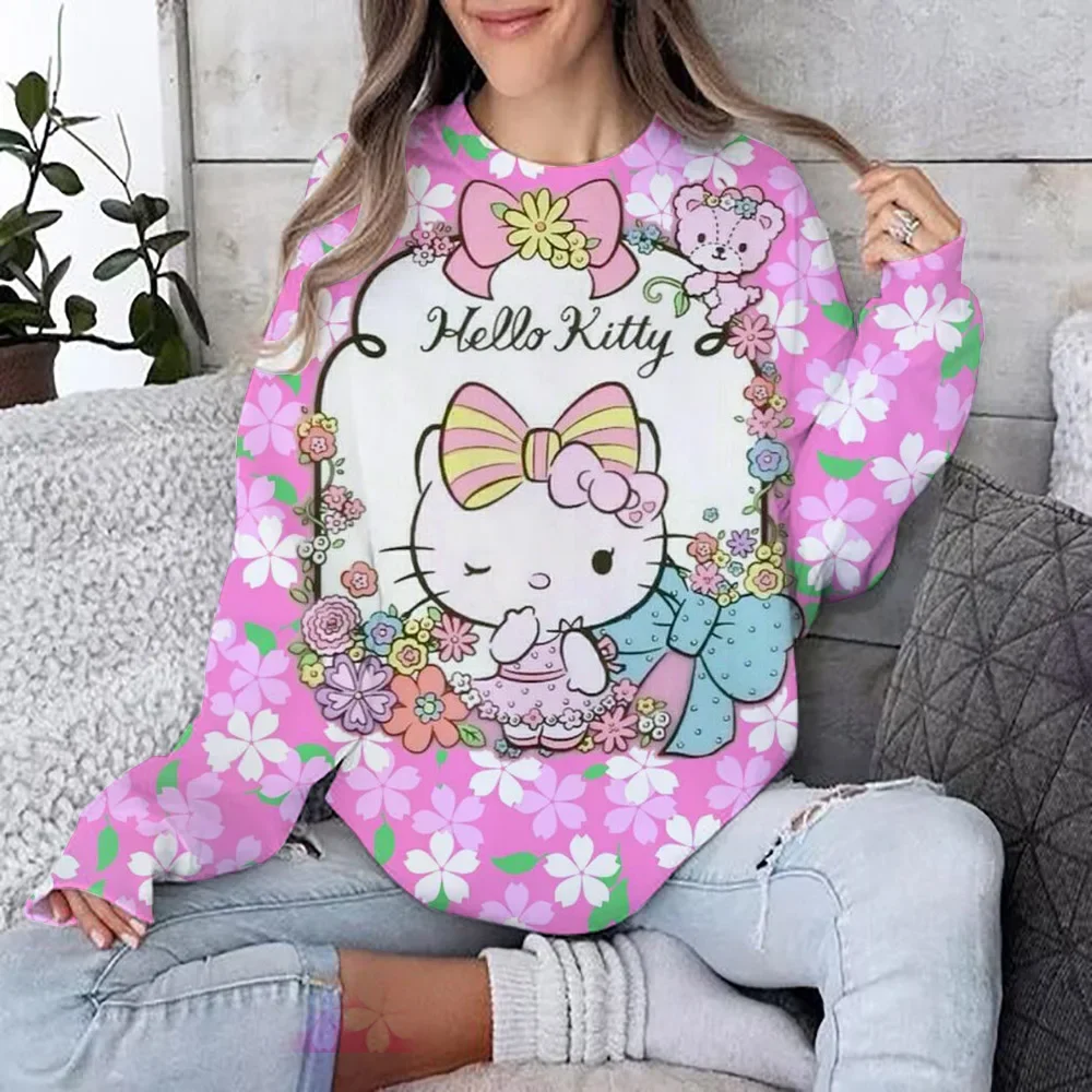 Herfst/winter hoodie met ronde hals en lange mouwen Comfortabele losse kerst Hello Kitty modeprint vrijetijdskleding voor dames