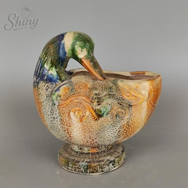 Tang Tri-color Glazed Duck-Shaped Inkstone Washer Antique-Style Ceramic Collectible Display Piece