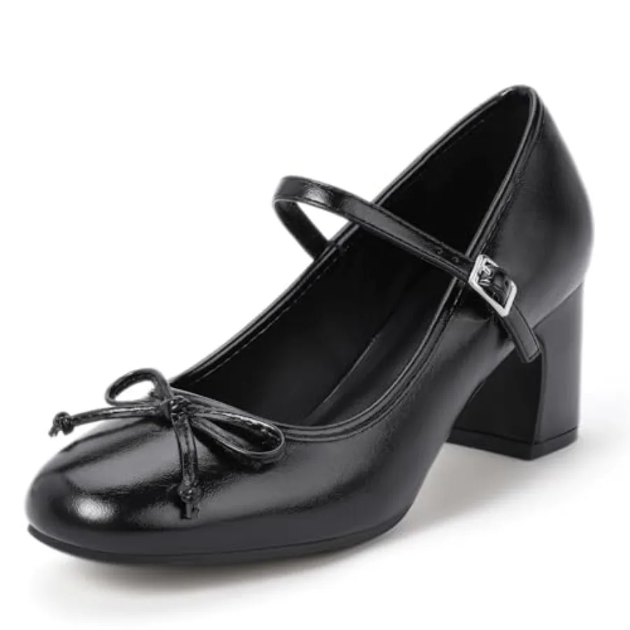 

IDIFU IN2 Women's Mary Jane Pumps Round Closed Toe Heels with Cute Bow Low Chunky Block Dress Shoes for Women Wedding Graduatio