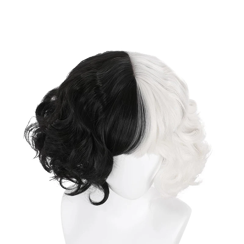 Hairjoy synthetisches haar cosplay cruella lose locken bob mit ordentlich knall schwarz weiß perücke für frauen halloween kostüm – Detail 3