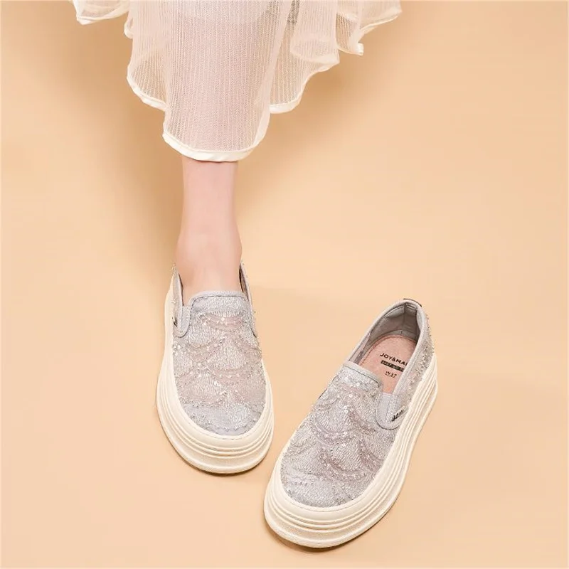 J&M Casual Shoes Women Loafers 5cm Platform Lady Lace Mesh Breathable Spring Summer Slip-on Shoes White Walking Sports Sneakers