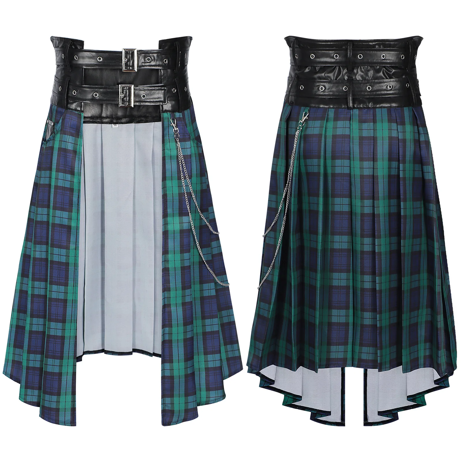 

Adult Men's Gothic Punk Pleated Skirt Open Front Leather Belt Medieval Roman Warrior Kilt Metal Chian Harujuku Stylish Clothing