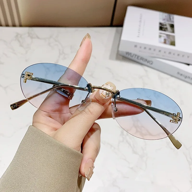 2024 Rimless Vintage Sunglasses for Women Men Small Metal Frame Trendy Eyewear Diamond Luxury Brand Designer Sun Glasses