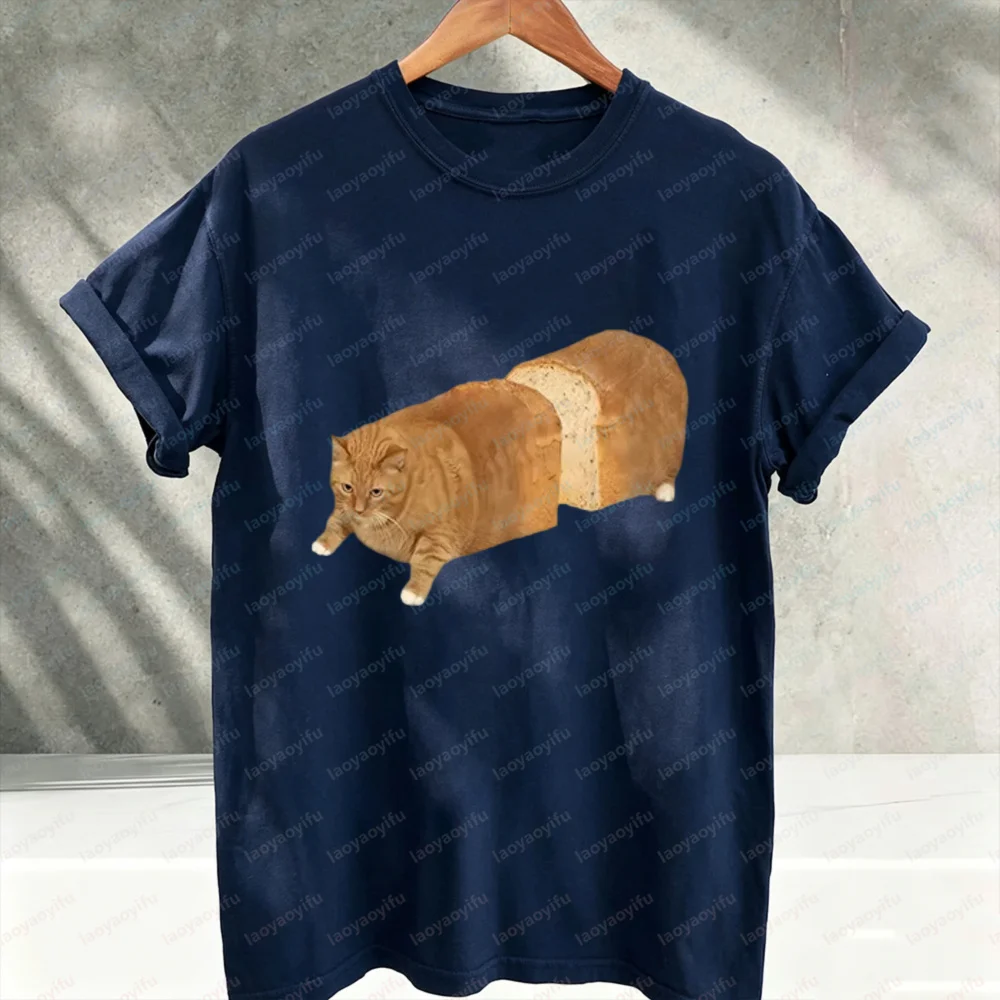 Funny Bread Loaf Orange Cat Meme Graphic T‑Shirt Weird Humor Cat in Bread Loaf Print Short Sleeve Cotton Casual Streetwear Tees