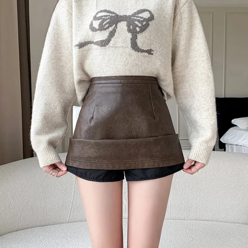 Ladies New Fashion PU Leather Mini Skirt Korean Style Autumn Winter High Waist A-line Skórzane spódnice damskie Casual Short Skirts