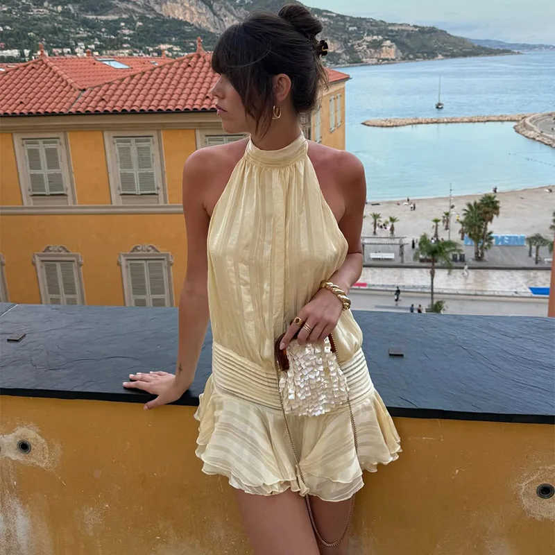 

TARUXY Elegant Halterneck Pleated Dress Women's Sexy Backless Sleeveless Solid High Waist Mini Dress Summer New Party Club Dress