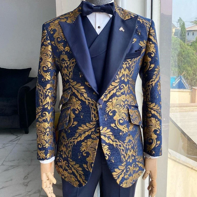 Jacquard Floral Tuxedo Suits for Men Wedding Slim Fit Navy Blue and Gold Gentleman Jacket with Vest Pant 3 Pieces Male Costume