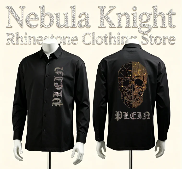High Street Men Rhinestone Long Sleeve Shirt Slim Fit Black Button Up Formal Dress Shirt Luxury Stage Wear For Events