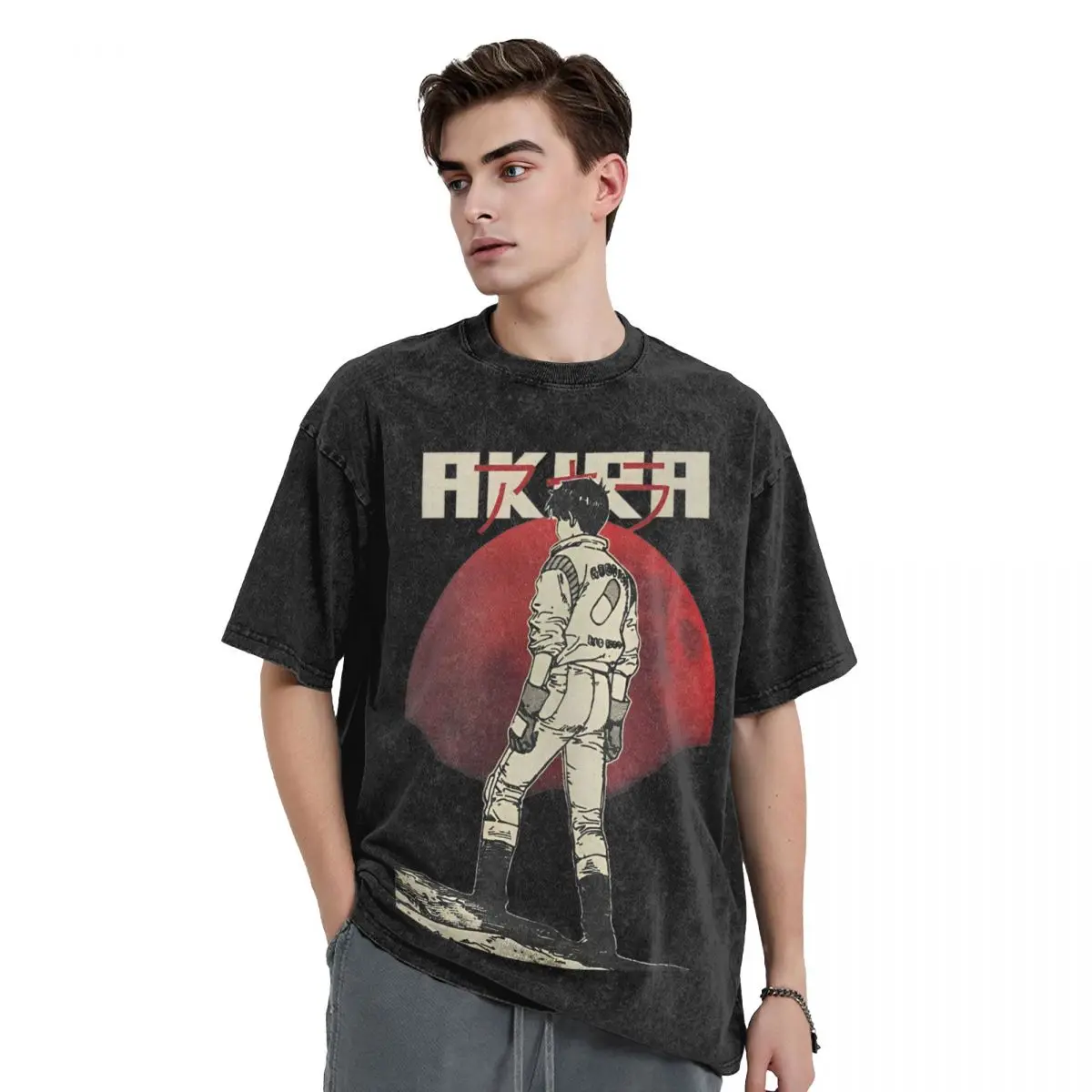 Red Moon Anime Japan Katsuhiro Otomo Washed T Shirts Streetwear Hip Hop T-Shirt Akira Tees for Men Women Cotton Street Graphic