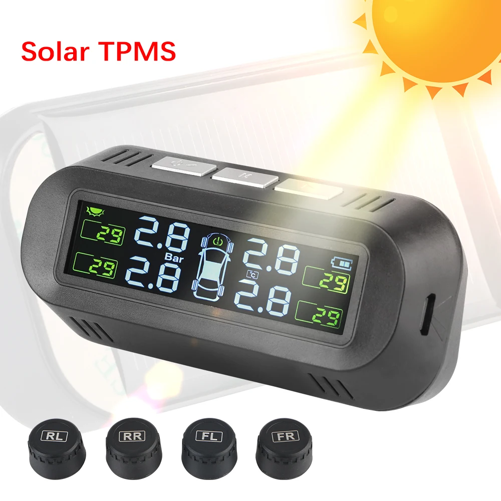 

Tire Pressure Monitoring System Solar/USB Powered Car TPMS Auto Security Alarm Systems Digital LCD Display