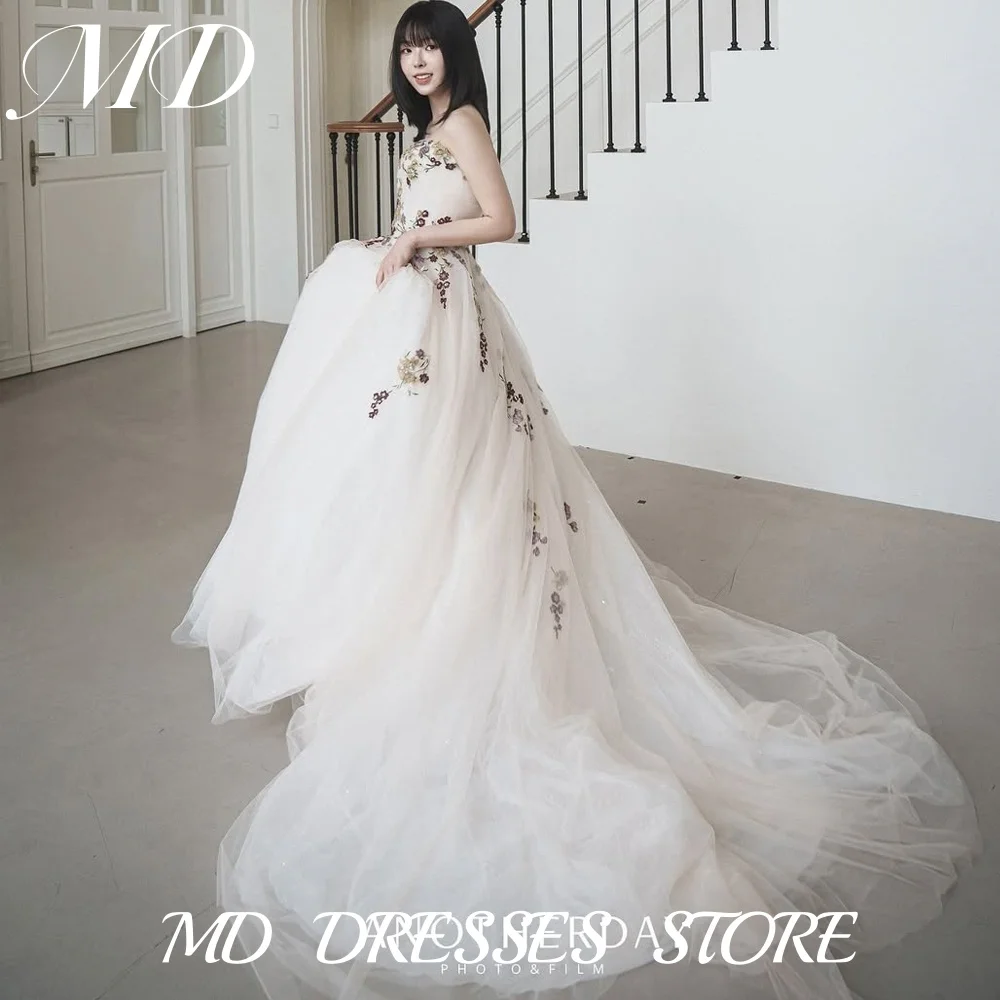 

MD Elegant Strapless Wedding Dresses Floral Stickers Tulle Korea Photoshoot Floor-Length Bridal Gowns Customized 2025 웨딩드레스