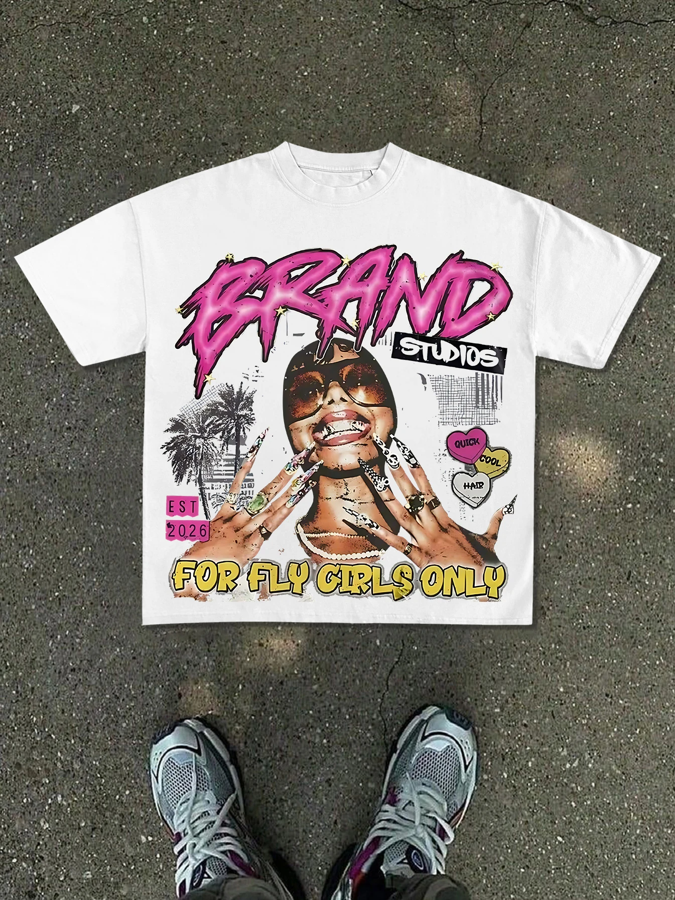 New men's T-shirt featuring an American hip-hop style portrait and the slogan 