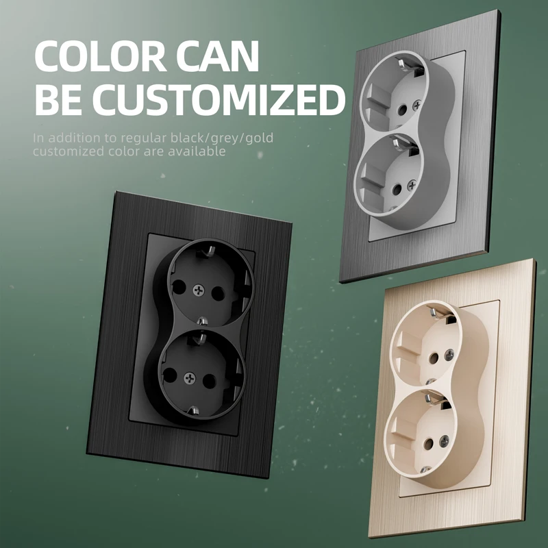 JOYHOPE Brushed Aluminum Plate Double Socket, European Standard Wall Embedded 2 Gang 2P+T EU Socket Outlet, Single Power Source