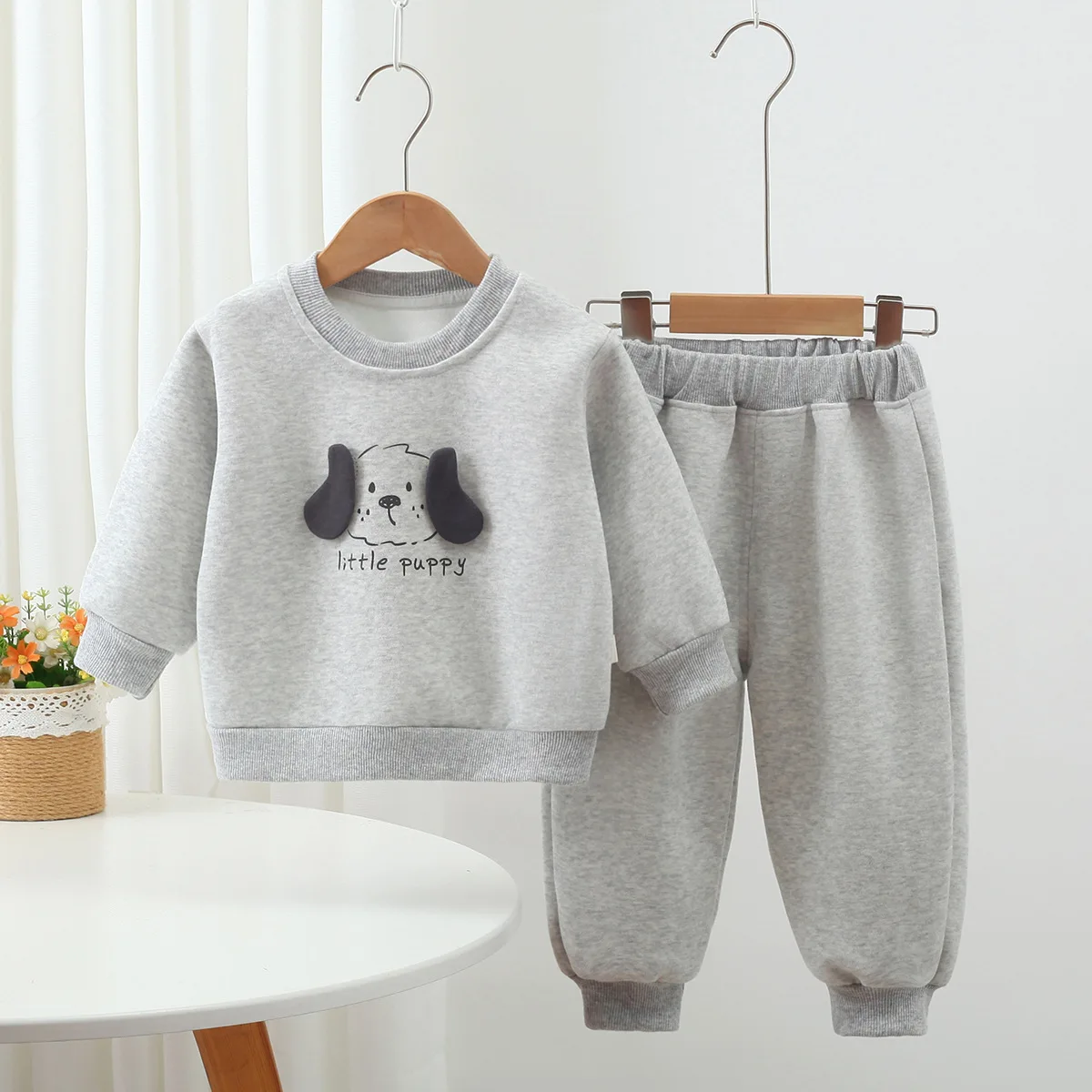 Autumn Korean Kids Sets Boys Girls Cartoon Print Puppy Patch Top+Elastic Waist Pants 2Pcs Clothes Casual Children Suit