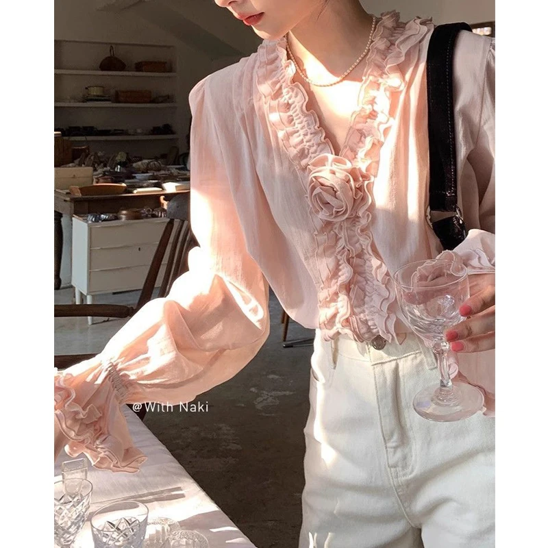 Kadınlar Şık Fırfır 3D Çiçek Tasarım Gömlek Pembe Tatlı Şık Peri Bluz Bahar V Yaka Uzun Kollu Gevşek Blusas Para Mujer Tops