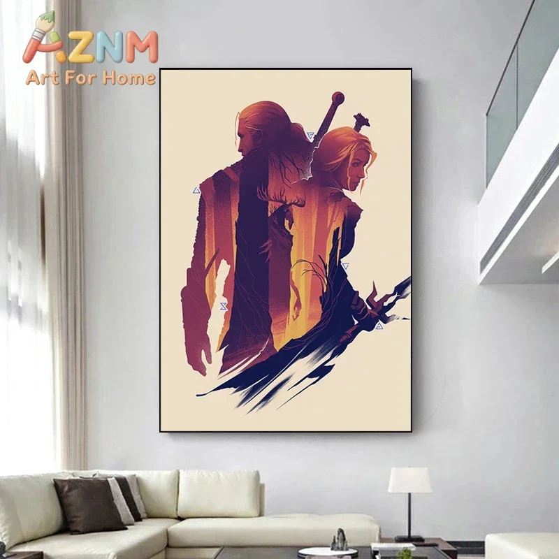 AZNM The Witcher Canvas Wall Art Geralt Fantasy Game Silhouette Art Frameless Print Poster for Gaming Room Home Decor