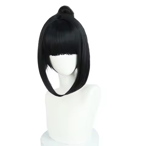 Synthetic Short Straight Black BOB Bangs Wig with Long Fishtail Braid Ponytail Extension Claw Jaw Braiding Anime Cosplay Wig