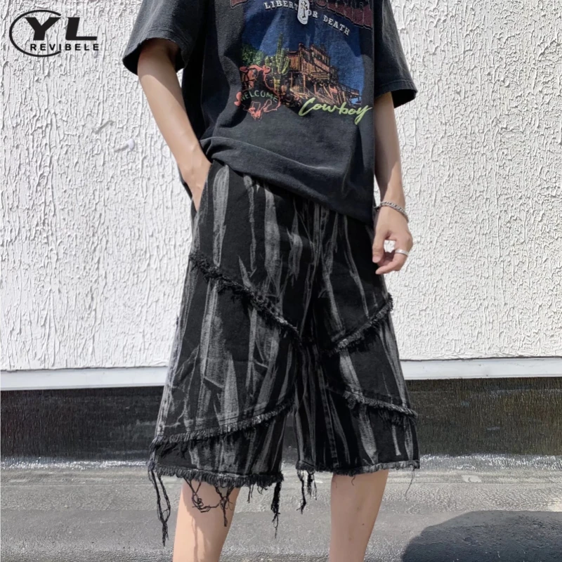 Black Tie Dye Cargo Shorts Men Summer American Retro Loose Tassels Washed Five-point Pant Male High Street Casual Straight Pants