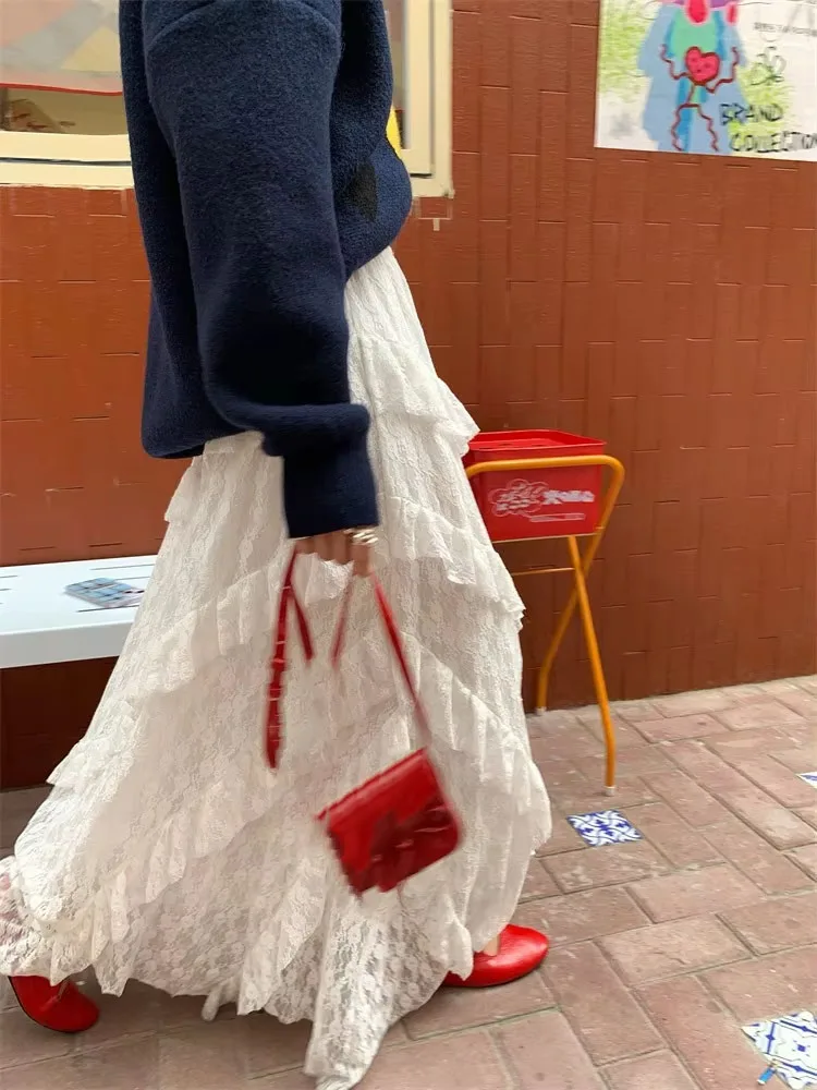 Lace Jacquard Skirt For Women High Waist Irregular Ruffled Elegant Jupe 2025 Faldas Mujer De Moda Fashion Sweet Summer Skirts