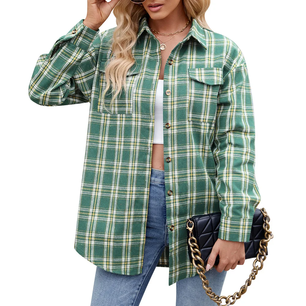 Women Plaid Button Up Shirt Autumn Winter Loose Warm Long Sleeves Pocket Casual Blouse Preppy y2k Harajuku Checkered Top