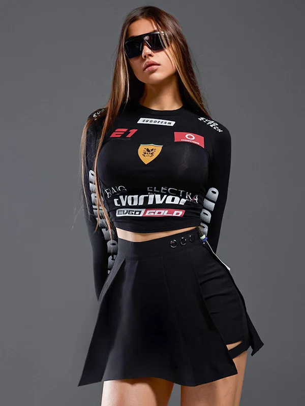 Spicy Girl Slim Fit Moto Sport Long Sve Top T-shirt stampata Street Sle da donna Thiened Autunno Inverno Faion