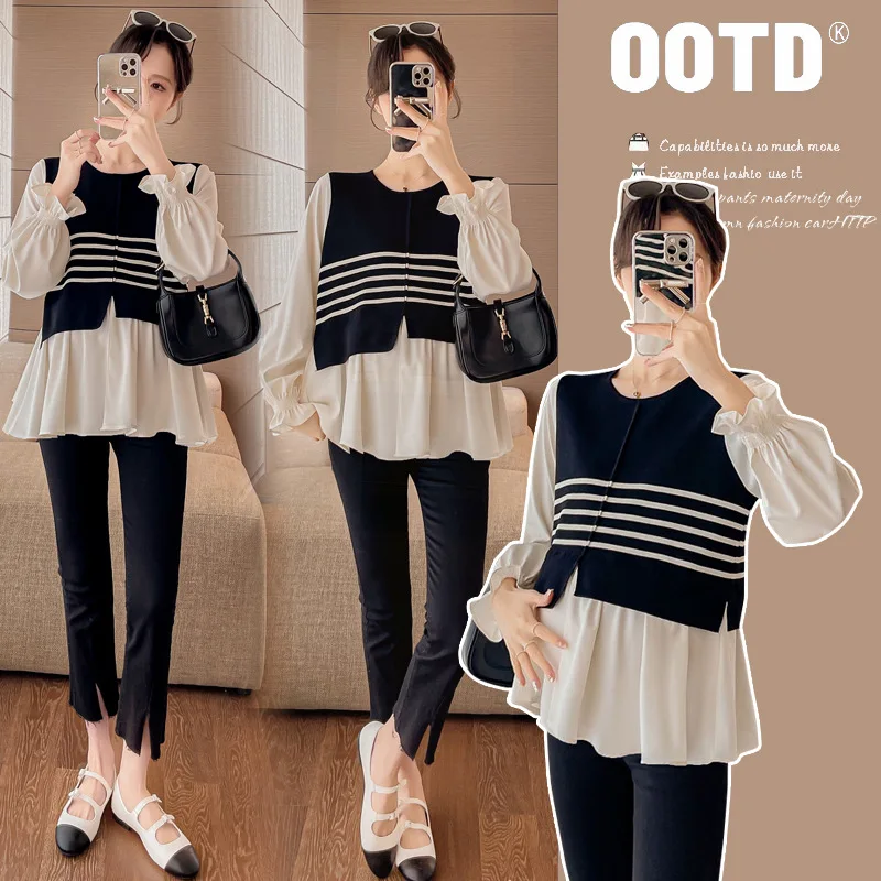 7138# Autumn Korean Fashion Patchwork Maternity Blouses Sweet Lovely Loose Shirt Clothes for Pregnant Women Pregnancy Tops