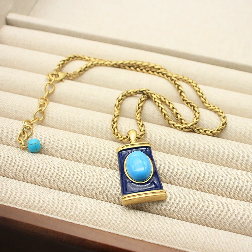 Vintage Enamel Necklace Set Turquoise Medieval Necklace Accessories Women's Sweater Chain Pendant