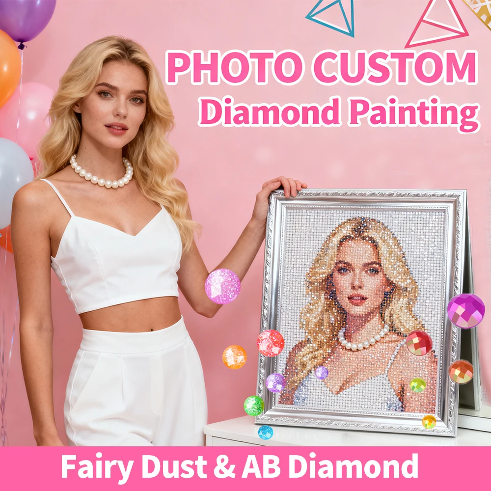 HUACAN Benutzerdefiniertes Diamant-Malerei-Set, komplett rund, AB-Bohrer und Feen-Staubbohrer, Heimdekoration, persönliches Foto, DIY-Mosaik-Kunst-Geschenk