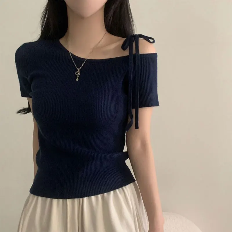 Women's Clothing Skew Collar Pullovers Stylish Off Shoulder Drawstring Summer Casual Short Sleeve French Style Knitted T-shirts