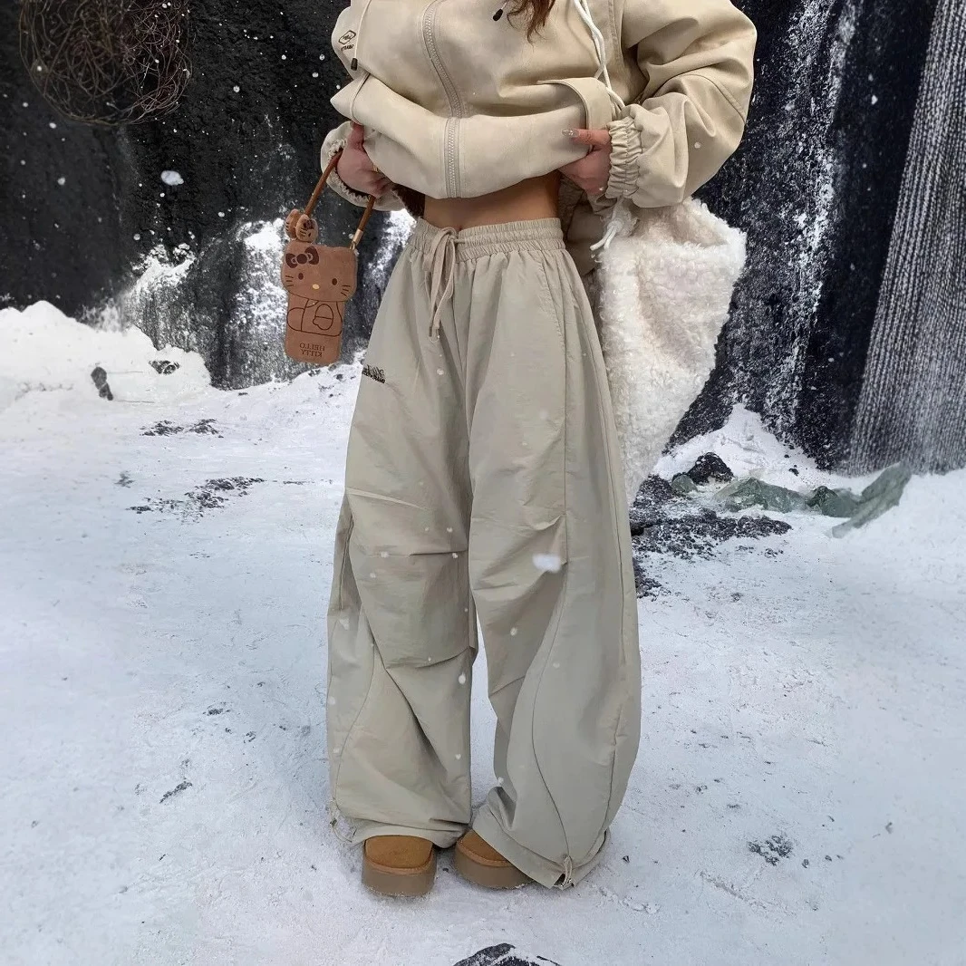 

Флисовые теплые американские уличные женские осенне-зимние свободные широкие брюки на эластичной талии для женщин