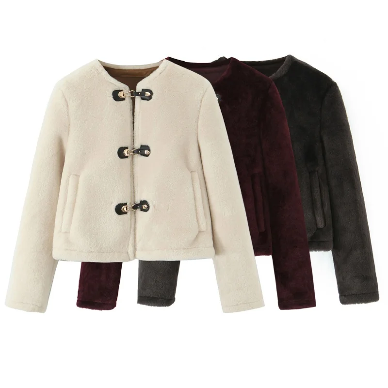 

Autumn Winter O-Neck Long Sleeve Single-breasted Double-sided Jackets Coat Women Rope Knotted Warm Tops Female Casual Wear 2025