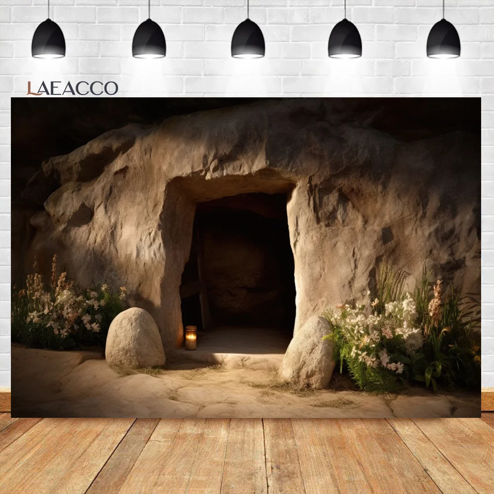 Laeacco Mysterious Ancient Cave Entrance Photography Backdrop Stone Room Flowers Easter Party Kids Adults Portrait Background